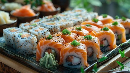 Wall Mural - Japanese sushi set with ready to serve. Beautiful eastern style table decoration with sushi.