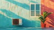 Sunlit exterior wall with air conditioner - A vibrant image depicting a colorful painted exterior wall shaded by sunlight with a window, air conditioner, and potted plant
