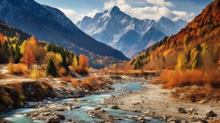 Poster - A picturesque Beautiful Autumn Landscape with colorful trees, a Mountain River near high snowy Mountains against a blue sky background. Horizontal Banner, Seasons, nature concept.