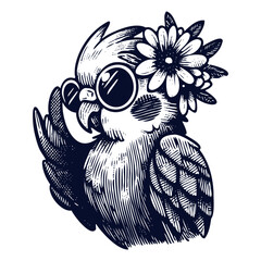 Sticker - stylish cool parrot with a flower sketch