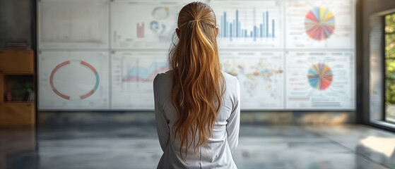 Woman looking at statistics board, Data analysis, Female worker back corner, wide background, Data analysis Data collection steps concept 