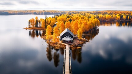 Poster - Aerial view of a yellow autumn forest with a house and a wooden pier on the Lake shore on a sunny day. Landscape, Seasons, Nature, travel endings.