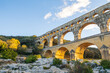 Famous Pont du Gard, at setting sun. Photography taken in Provence, southern France