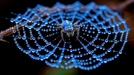a close up of a spider with drops of water on it's back and a bug crawling on it's back.