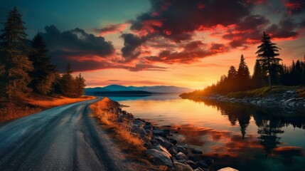 Poster - The evening is a fascinating landscape. The road and the Lake at Sunset. horizontal Banner, golden hour.