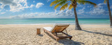 Fototapeta Perspektywa 3d - Chaise longue sur une plage déserte tropicale sans personne avec un ciel bleu.