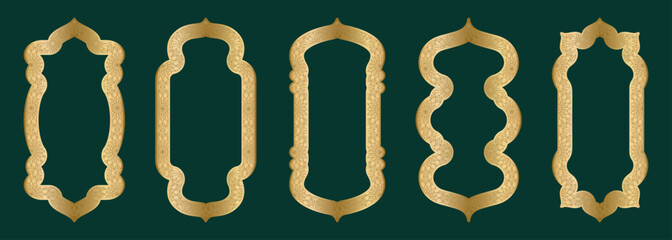 Wall Mural - Gold arch frame shape Islamic door or window with geometric girikh pattern, silhouette Arabic arch. Luxury set in oriental style. Frames in Arabic Muslim design for Ramadan Kareem. Vector illustration