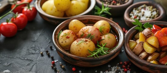 Canvas Print - A table is filled with bowls of different types of food, showcasing a variety of flavors and ingredients. Among the dishes is the traditional Canarian delicacy, papas arrugadas, featuring boiled