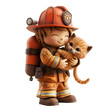 A 3D animated cartoon render of a brave firefighter saving a kitten from a dangerous situation.