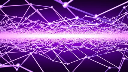 Flying through abstract structure with moving spheres and lines. 3D illustration of molecules and atoms. Purple background for science, medicine, biology, chemistry and modern technologies. 4K , 30fps