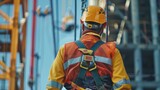 Fototapeta Na drzwi - Safety Procedures: Technician adhering to protocols, wearing protective gear, using harnesses, and working in safe areas.