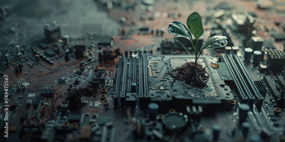 Plant growing on a motherboard - sustainable green technology concept ...