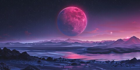 Pink moon - conceptual design of a pink moon in the sky of a natural landscape outdoors