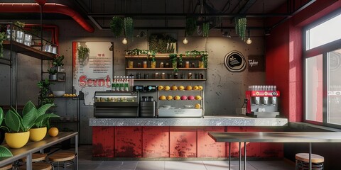 Modern smoothie shop - restaurant business interior with fruity frozen smoothies