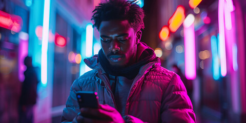 close-up of a black man in a jacket using a smartphone against the backdrop of an evening city and n