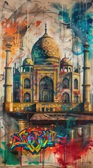 Taj Mahal - World-famous landmark depicted in a graffiti art style  colorful wall art in a street art style