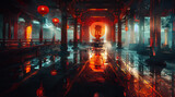 Fototapeta Przestrzenne - Enchanting Red Lantern Illuminating a Misty Traditional Asian Street created with Generative AI technology.