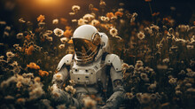 Astronaut Amidst Wildflowers, Earthly Contemplation Created With Generative AI Technology