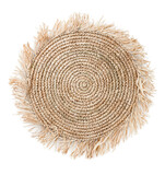 Fototapeta Kwiaty - round handmade crafted crochet raffia placemat with fringes isolated over a transparent background, cut-out natural boho home, table or interior design element, top view / flat lay, PNG
