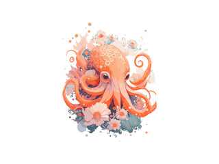 Wall Mural - Watercolor Octopus Clip Art, Floral Illustration, Digital Artwork