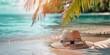 A straw hat and sunglasses rest on the beach, basking in the warm sun and gentle sea breeze. The serene scene exudes relaxation and tranquility.