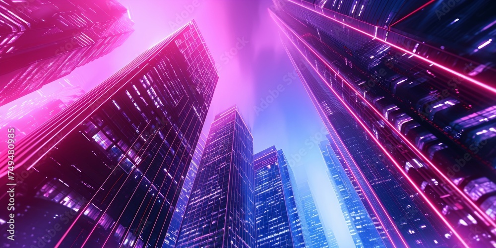 In a futuristic city, neon lights dance off the towering skyscrapers ...
