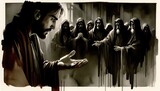 Fototapeta  - The betrayal of Judas. Judas agreeing to betray Jesus for thirty pieces of silver. Life of Jesus. Digital illustration. Black and white.