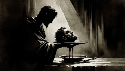 The Feast of Herod. The head of John the Baptist on a platter. Watercolor digital painting.