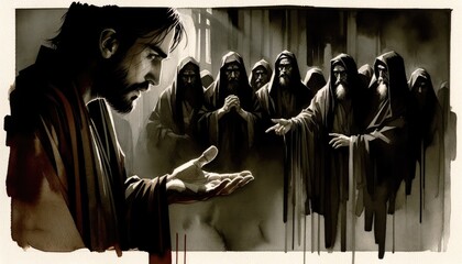 Wall Mural - The betrayal of Judas. Judas agreeing to betray Jesus for thirty pieces of silver. Life of Jesus. Digital illustration. Black and white.