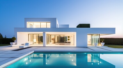 a luxurious modern white villa with pool