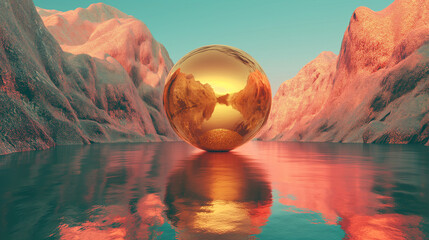Poster - Surreal vaporwave scene with golden ball on the landscape with mountains and sea. 90s styled abstract surreal pink composition.