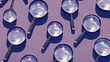 A pattern of magnifying glasses with reflective surfaces on a purple background, perfect for a mysterious or investigative theme in an April Fools' Day scavenger hunt.