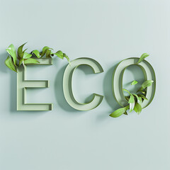 the word ECO on a background of leaves on the wall, 3D, monumental art panel, a pictorial work of a decorative nature, the concept of environmentally friendly products