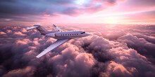 A White Private Beautiful Plane Flies In The Sky Above White Clouds Against A Sunset Background. A Beautiful Frontal Shot Of A Flying Airplane Soaring In The Clouds In The Rays Of The Setting Sun