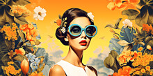 Beautiful Girl In Sunglasses In Retro Style On A Yellow-orange Background With Multi-colored Exotic Flowers. Illustration, Cover, Poster, Banner With Art Deco Painting