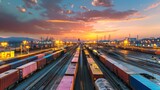 Fototapeta Krajobraz - Vibrant sunset over a busy cargo train station with multiple railway tracks, containers, and lights. Logistical transportation hub depicted in golden hour light.