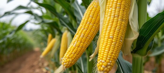 Wall Mural - Close up of corn cobs in corn plantation field with blurred farm background and copy space for text