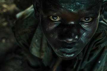 Wall Mural - conceptual image African child who suffers working all day in inhumane conditions at cobalt mining in the Congo. bright impressive and fascinating photo