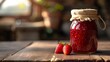 Homemade strawberry jam, strawberry jam in a jar with strawberries standing on a rustic wooden table, a blurred background for copy space, fruit jam in a jar