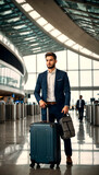 Fototapeta  - A businessman in a suit and tie holding a suitcase in an airport terminal with a smile on his face. Ai generated.