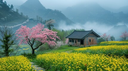 Wall Mural - spring beauty, distant green mountains, house, mist, cherry blossoms, rapeseed flower fields beautiful landscape