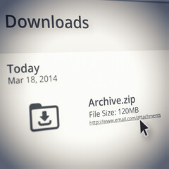 Poster - Webpage, downloads and archive zip for digital or internet content and email attachment of information research. File storage, delivery or online archives with pointer or cursor or technology to save