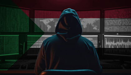 Cyber threat from the Sudan. Hacker at the computers on a background of monitors, colors of the Sudan flag.