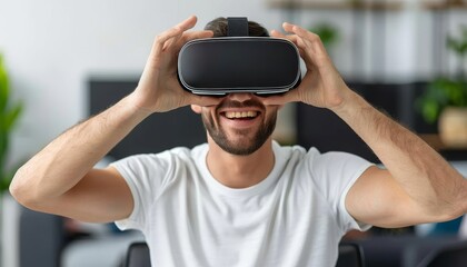 Poster - young businessman in vr glasses at startup office for online meeting in metaverse.