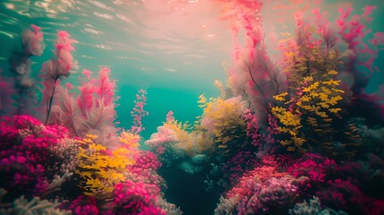 Wall Mural - Surreal aquatic wonderland: vibrant underwater seascape with sunlight. a dreamlike ocean view for creative projects. AI