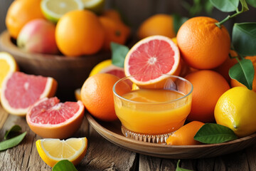 Sticker - Fresh Citrus Fruits and Juice on Rustic Wooden Table with Lush Greenery