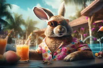 Wall Mural - Cool Easter bunny with sunglasses and a cocktail at the swimming pool.