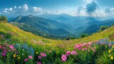 Fototapeta Kwiaty - Stunning countryside view of Romania. Sun-filled afternoon. Beautiful springtime landscape. Rolling hills and grassy fields.