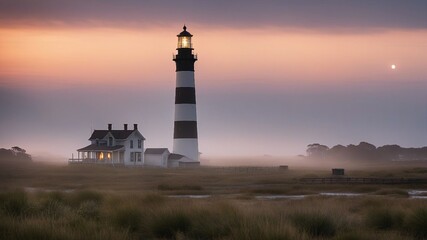 Canvas Print - lighthouse at sunset Dawn s early morning mist surrounds the Bodie Island Lighthouse in the Outer Banks  