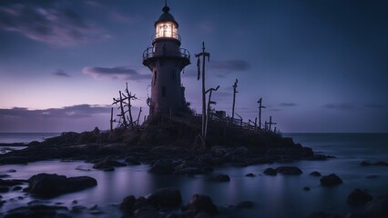 Canvas Print - lighthouse at night A scary lighthouse on a haunted island, with graves, 